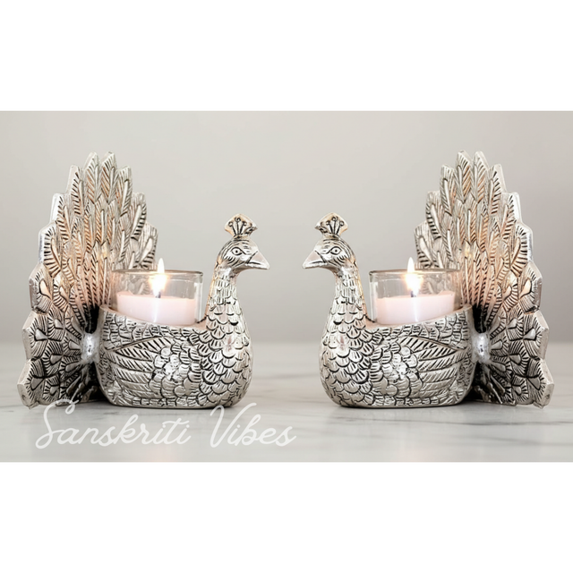 Set of 2 pcs Metal Dancing Peacock Pair Candle Holder Vastu Figurine Silver Finish for Home Décor and Gifting - Retail Maharaj