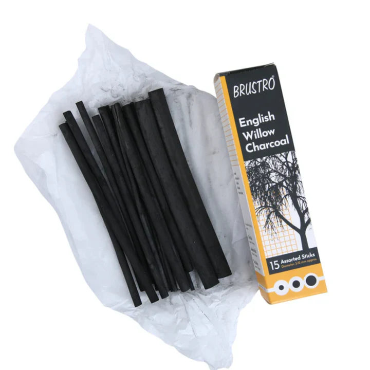 Brustro English Willow Charcoal Assorted Set of 15 Sticks for Drawing and Sketching - Retail Maharaj