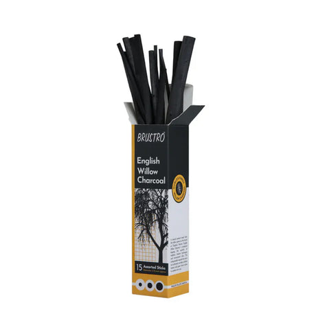 Brustro English Willow Charcoal Assorted Set of 15 Sticks for Drawing and Sketching - Retail Maharaj