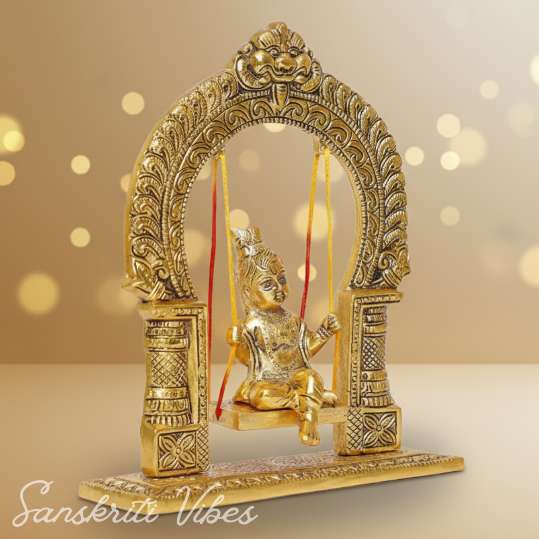 Gold-Plated Laddu Gopal Swing Jhula | Metal Krishna Palna for Temple, Puja Room & Home Décor - Retail Maharaj