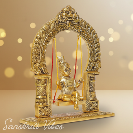 Gold-Plated Laddu Gopal Swing Jhula | Metal Krishna Palna for Temple, Puja Room & Home Décor - Retail Maharaj