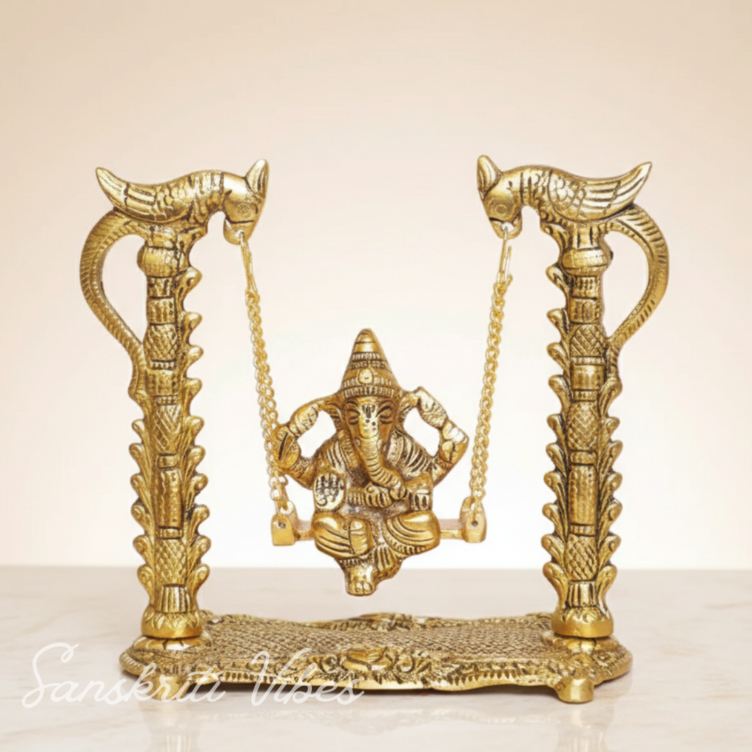 Ganesh Ji Jhula Idol Decorative Showpiece – Handcrafted Metal Swing Ganpati Statue for Home Decor & Auspicious Gifting (Glossy Finish, Made in India)