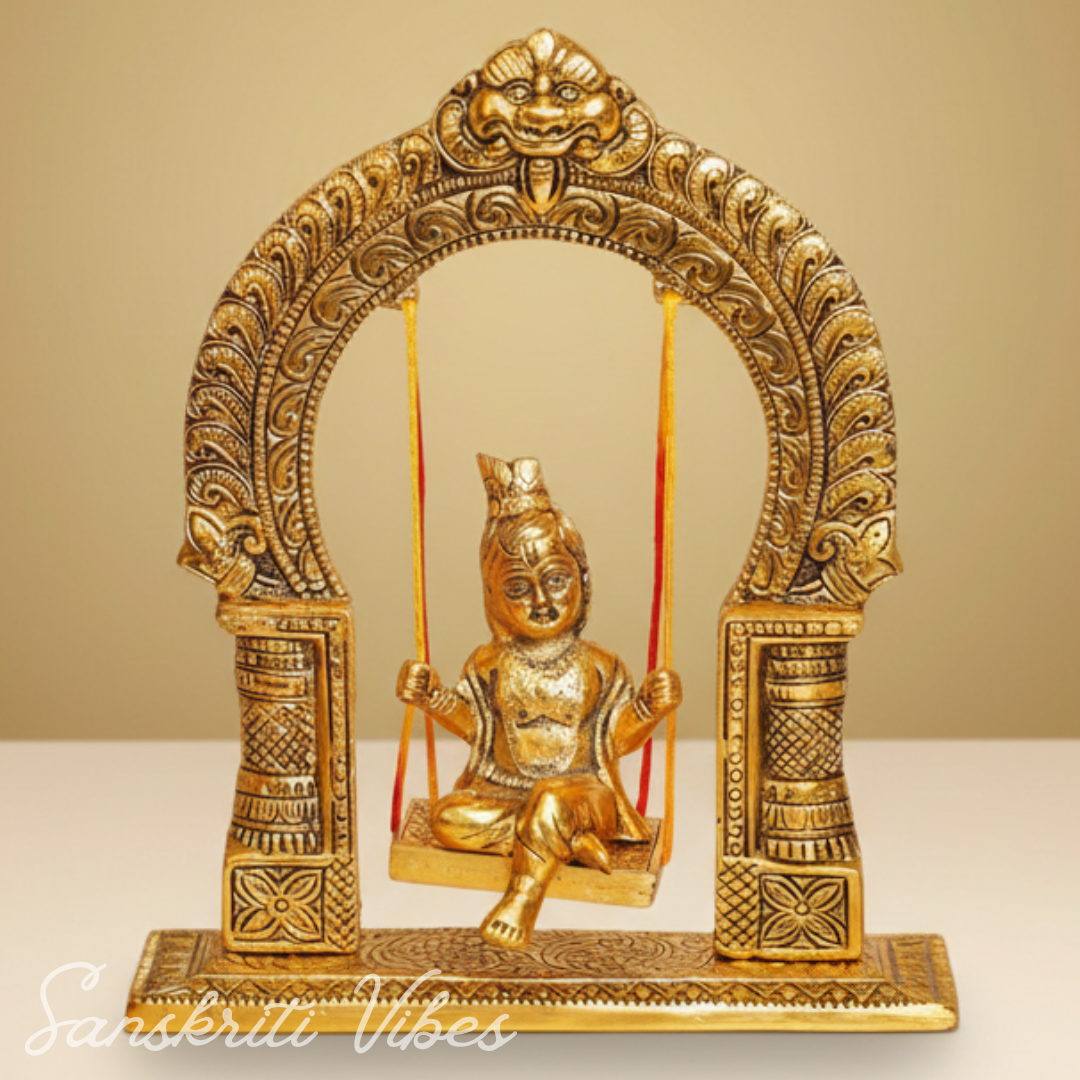 Gold-Plated Laddu Gopal Swing Jhula | Metal Krishna Palna for Temple, Puja Room & Home Décor - Retail Maharaj