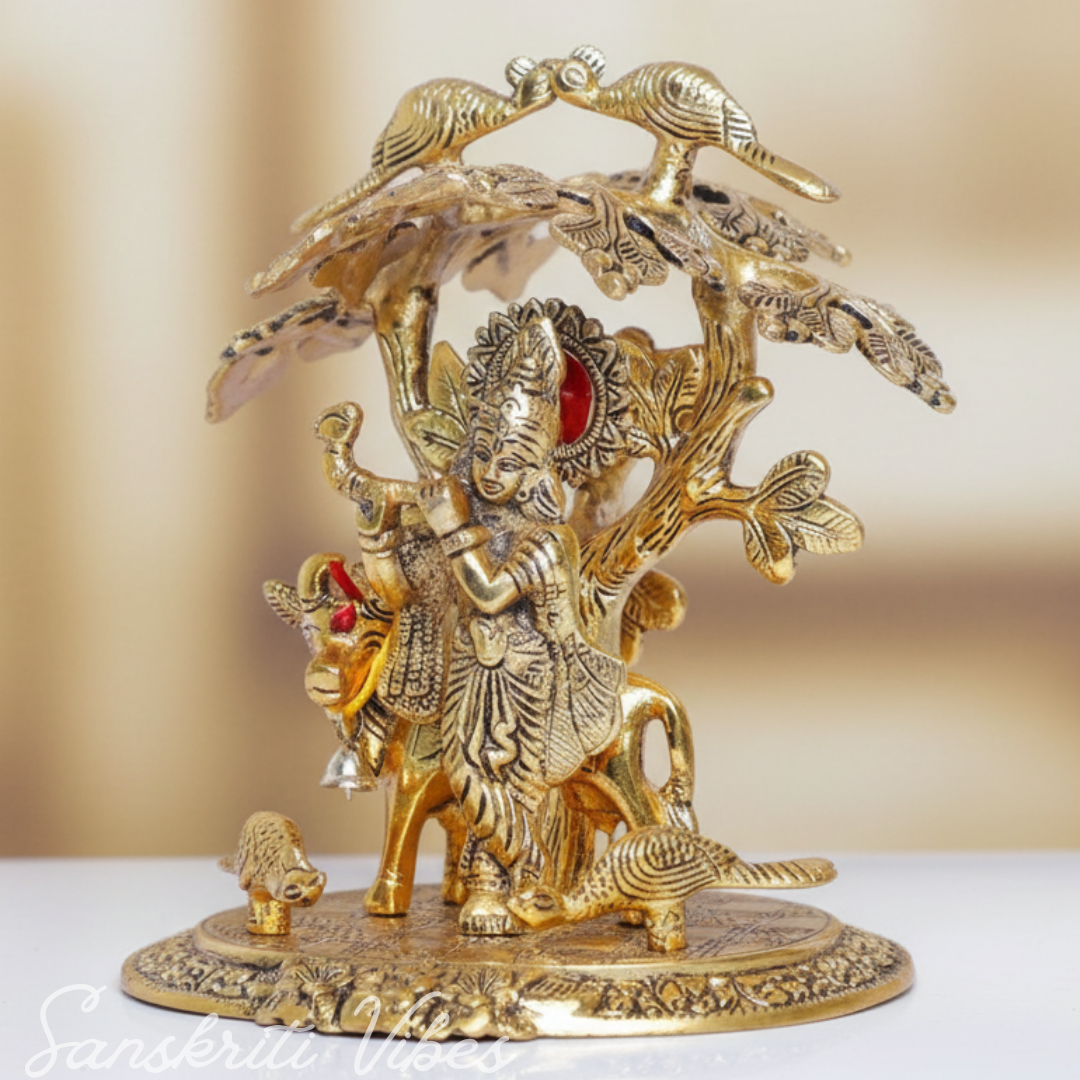 Krishna Playing Flute with Kamdhenu Cow Under Tree | Metal Glossy Finish Statue for Pooja Room & Home Décor - Retail Maharaj