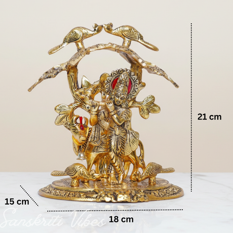 Krishna Playing Flute with Kamdhenu Cow Under Tree | Metal Glossy Finish Statue for Pooja Room & Home Décor - Retail Maharaj