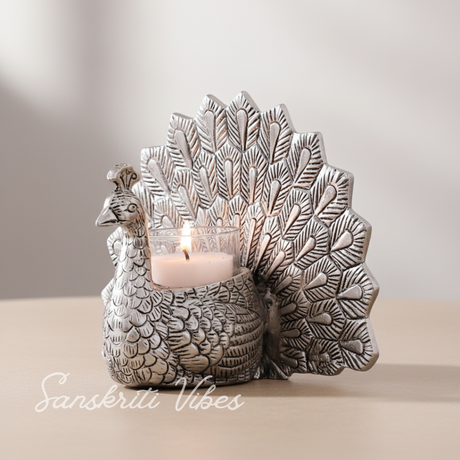 Metal Dancing Peacock Candle Holder Vastu Figurine Decorative Showpiece for Home Décor and Gifting - Retail Maharaj