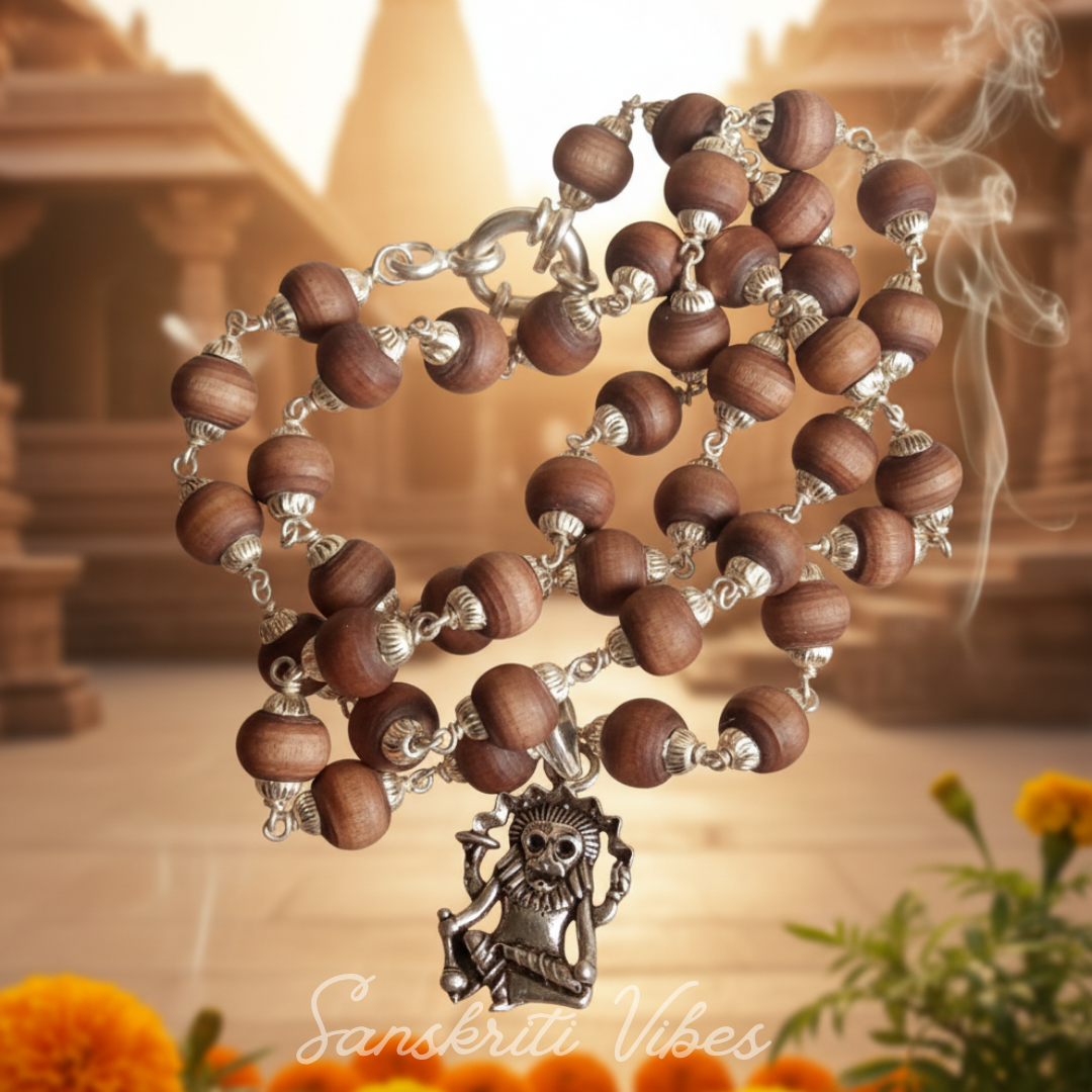 Silver Hanuman Baba Tulsi Locket Mala Spiritual Rosary for Devotion and Protection