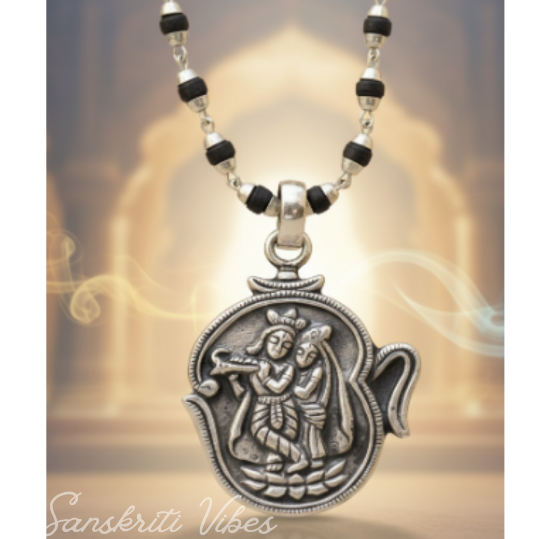 Shri Radha Krishna Silver Pendant Necklace Mala Spiritual Rosary for Devotion and Protection