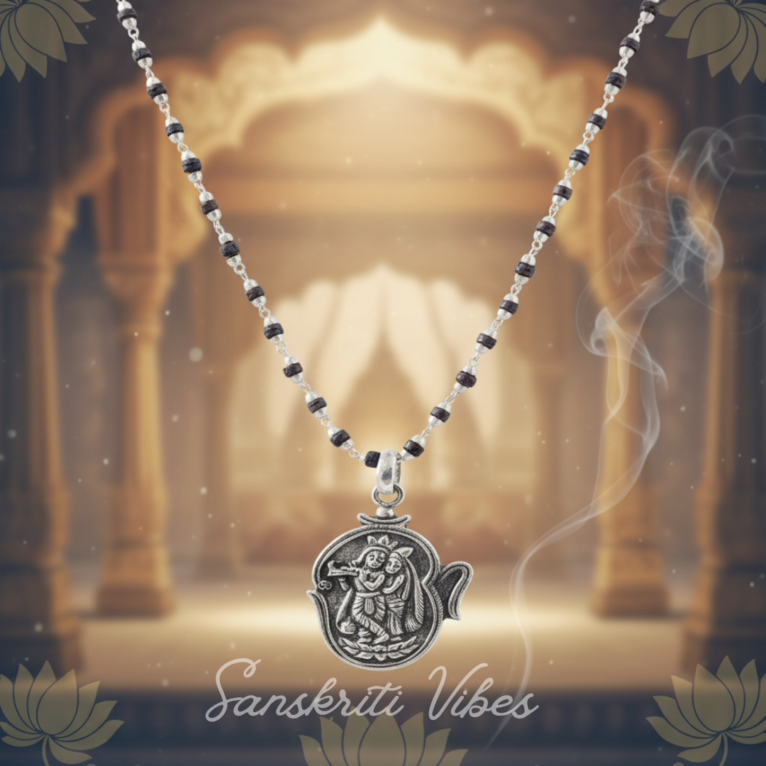 Shri Radha Krishna Silver Pendant Necklace Mala Spiritual Rosary for Devotion and Protection