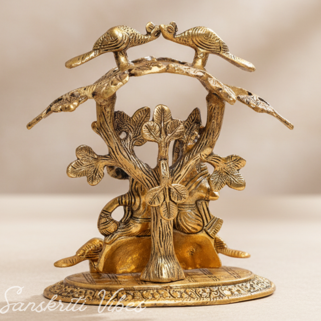 Radha Krishna Playing Flute Under Tree | Gold Antique Metal Idol for Home Décor & Pooja Room - Retail Maharaj