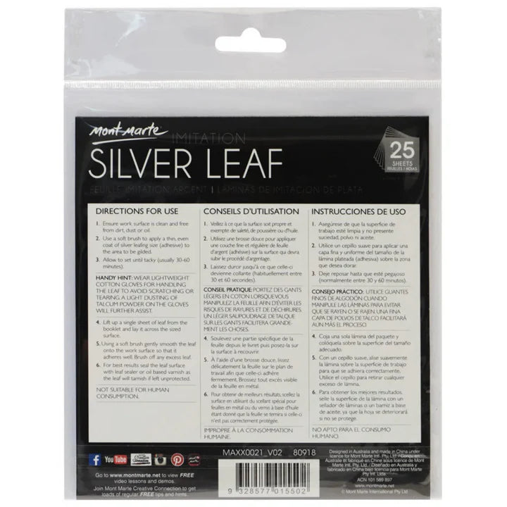 Mont Marte Imitation Silver Leaf 14x14cm 25 Sheets - Retail Maharaj