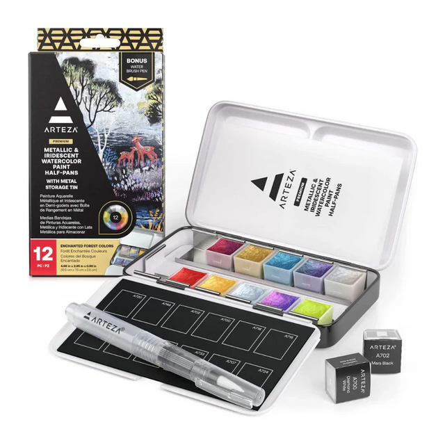 Arteza Metallic and Iridescent Watercolor Paint Set of 12 Colors, Enchanted Forest Theme in Half Pans - Retail Maharaj