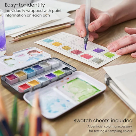 Arteza Metallic and Iridescent Watercolor Paint Set of 12 Colors, Enchanted Forest Theme in Half Pans - Retail Maharaj