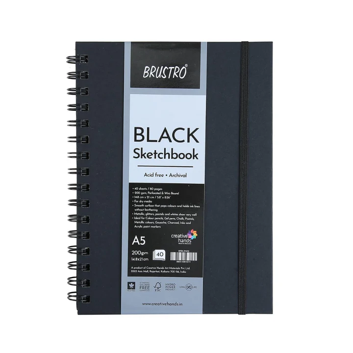 Brustro A5 Black Paper Sketchbook Wiro Bound 200 GSM 40 Sheets - Retail Maharaj