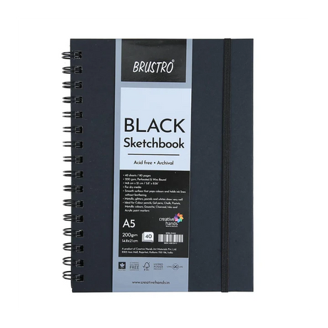 Brustro A5 Black Paper Sketchbook Wiro Bound 200 GSM 40 Sheets - Retail Maharaj