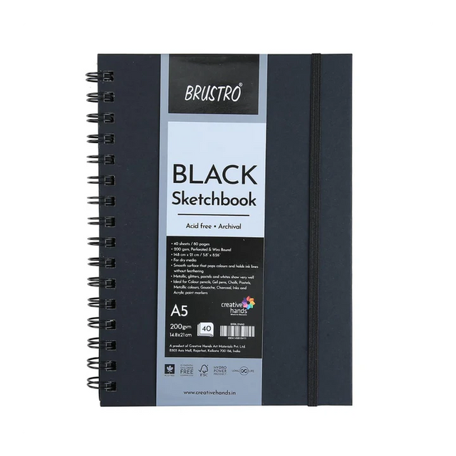 Brustro A5 Black Paper Sketchbook Wiro Bound 200 GSM 40 Sheets - Retail Maharaj