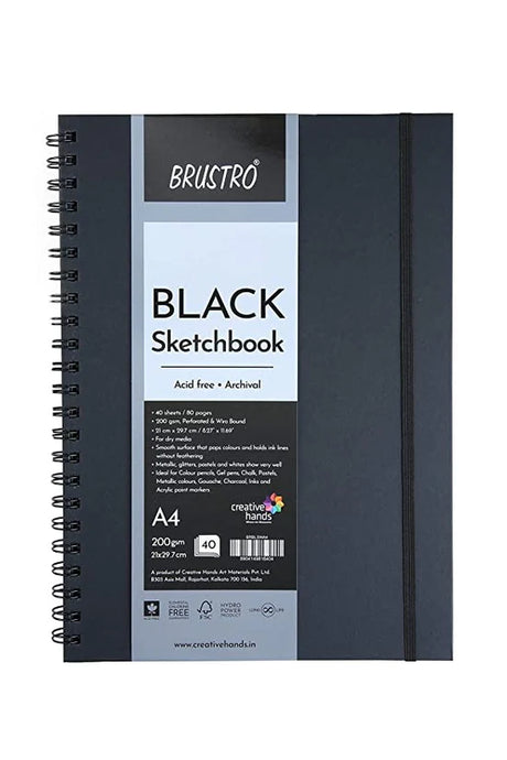 Brustro A4 Black Paper Sketchbook Wiro Bound 200 GSM 40 Sheets - Retail Maharaj