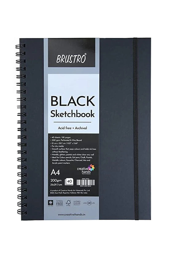 Brustro A4 Black Paper Sketchbook Wiro Bound 200 GSM 40 Sheets - Retail Maharaj