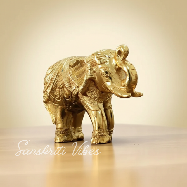Decorative Golden Elephant Statue Trunk Up Metal Figurine Traditional Design (12 cm x 9.5 cm x 6 cm) - Retail Maharaj