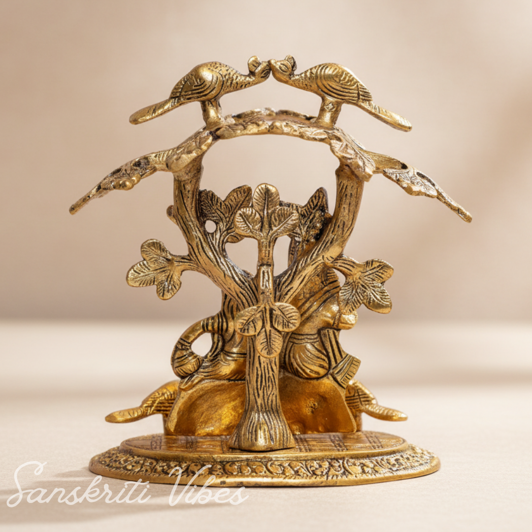Radha Krishna Playing Flute Under Tree | Gold Antique Metal Idol for Home Décor & Pooja Room - Retail Maharaj