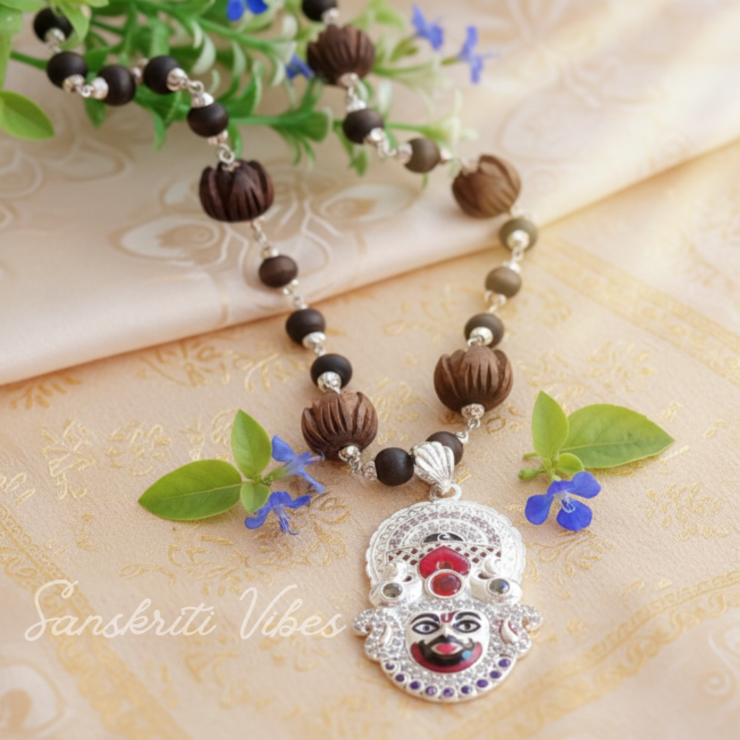 Baba Khatu Shyam Silver Tulsi Locket with Silver Mala Spiritual Rosary for Devotion and Protection