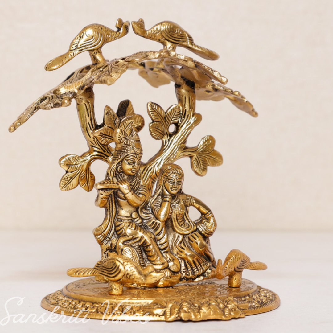 Radha Krishna Playing Flute Under Tree | Gold Antique Metal Idol for Home Décor & Pooja Room - Retail Maharaj