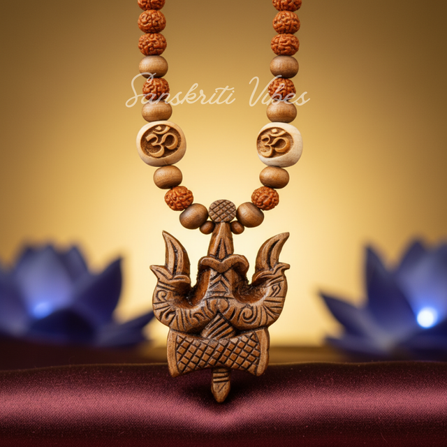 Lord Shiva Trishul Damru Original Tulsi Locket With Panchmukhi Rudraksha Mala | Sacred Tulsi & Rudraksha Beads Mala for Devotion, Meditation & Spiritual Protection - Retail Maharaj
