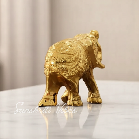 Decorative Golden Elephant Statue Trunk Up Metal Figurine Traditional Design (12 cm x 9.5 cm x 6 cm) - Retail Maharaj