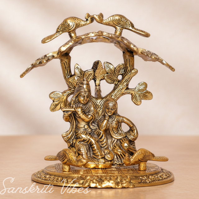 Radha Krishna Playing Flute Under Tree | Gold Antique Metal Idol for Home Décor & Pooja Room - Retail Maharaj
