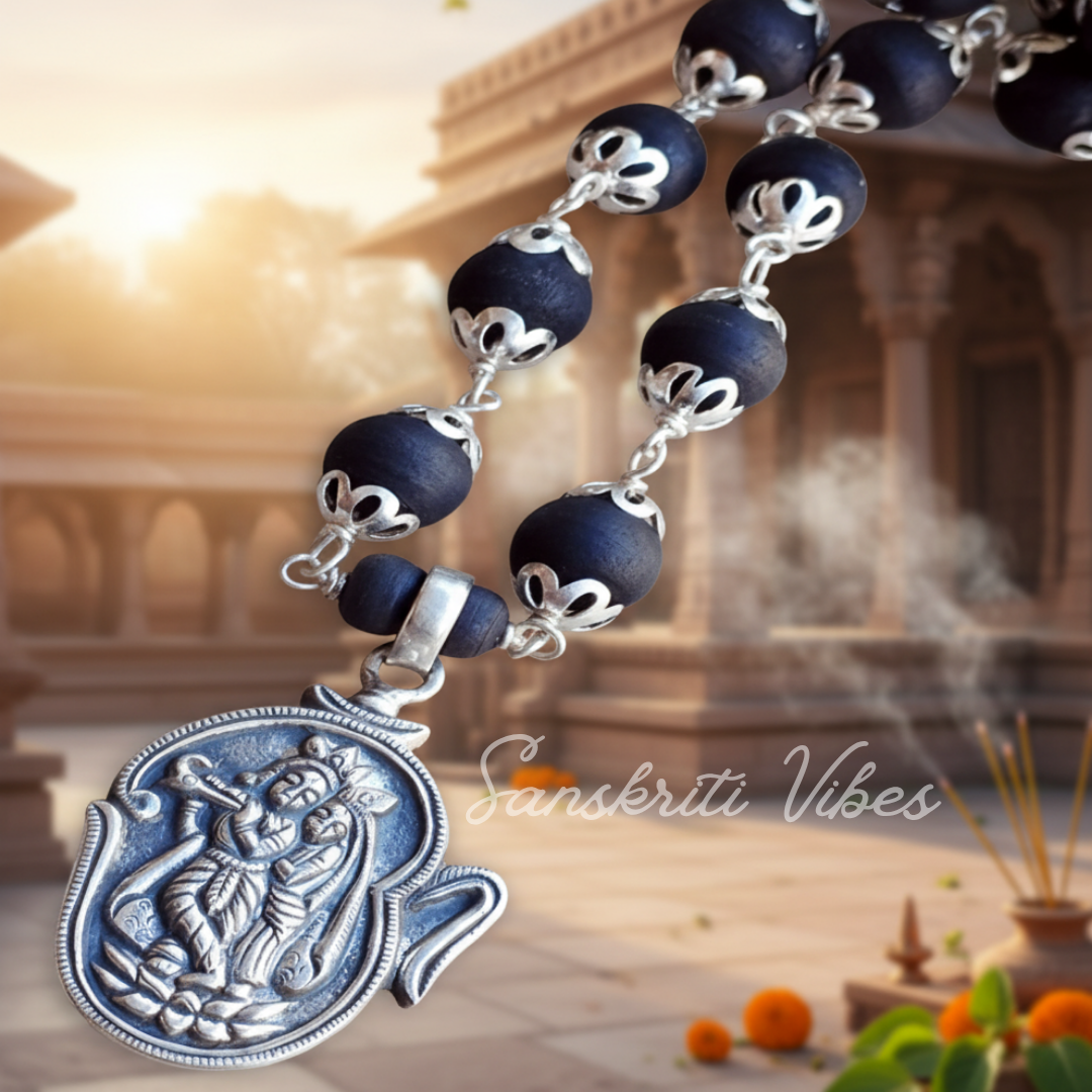 Om Sri Radha Krishna Locket Tulsi Mala with Silver Caps Spiritual Rosary for Devotion - Retail Maharaj