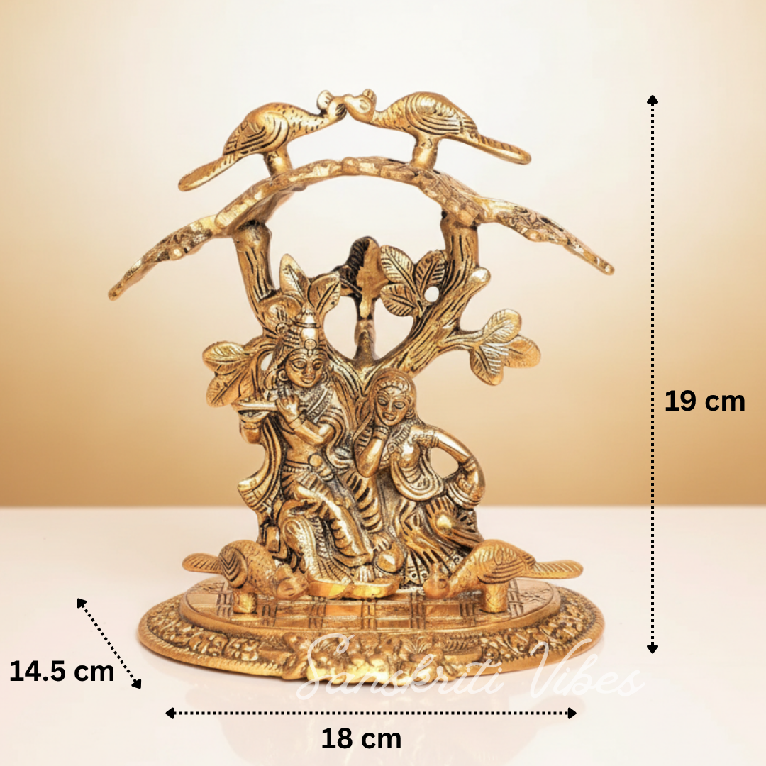 Radha Krishna Playing Flute Under Tree | Gold Antique Metal Idol for Home Décor & Pooja Room - Retail Maharaj