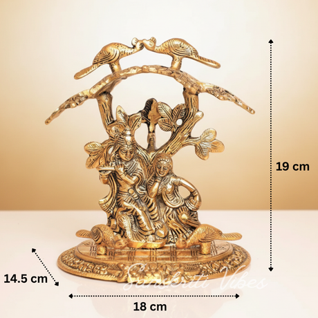 Radha Krishna Playing Flute Under Tree | Gold Antique Metal Idol for Home Décor & Pooja Room - Retail Maharaj