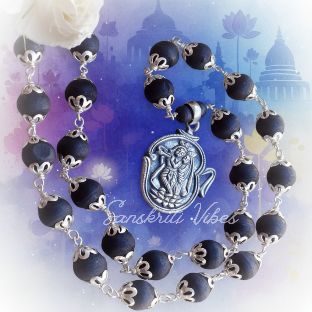 Om Sri Radha Krishna Locket Tulsi Mala with Silver Caps Spiritual Rosary for Devotion - Retail Maharaj