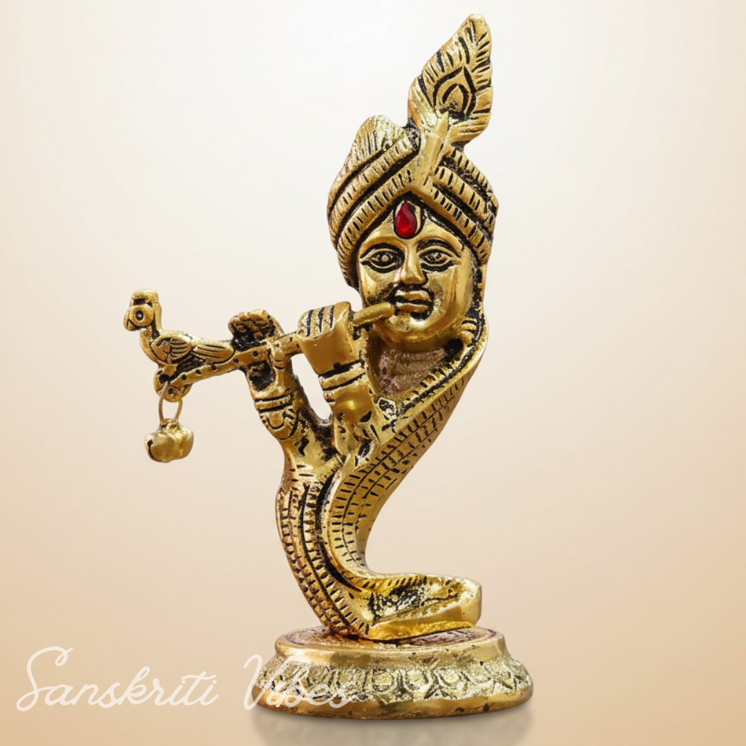 Pagdi Krishna Playing Flute Idol | Gold-Toned Metal Decorative Showpiece Hindu Religious Figurine - Retail Maharaj