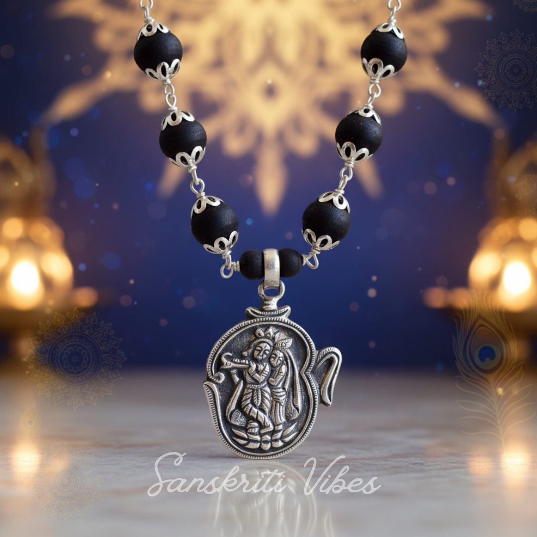 Om Sri Radha Krishna Locket Tulsi Mala with Silver Caps Spiritual Rosary for Devotion - Retail Maharaj