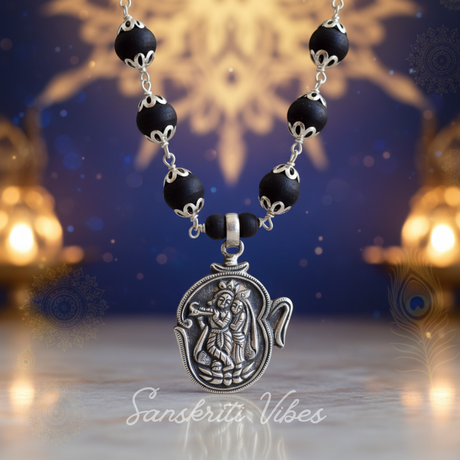 Om Sri Radha Krishna Locket Tulsi Mala with Silver Caps Spiritual Rosary for Devotion - Retail Maharaj