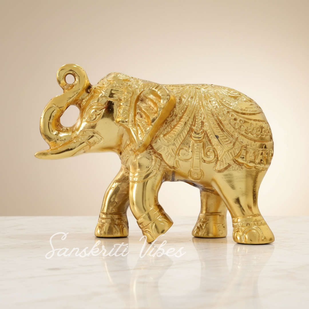 Decorative Golden Elephant Statue Trunk Up Metal Figurine Traditional Design (12 cm x 9.5 cm x 6 cm) - Retail Maharaj