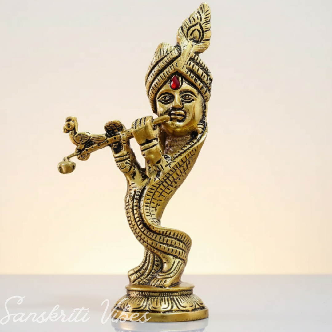 Pagdi Krishna Playing Flute Idol | Gold-Toned Metal Decorative Showpiece Hindu Religious Figurine - Retail Maharaj