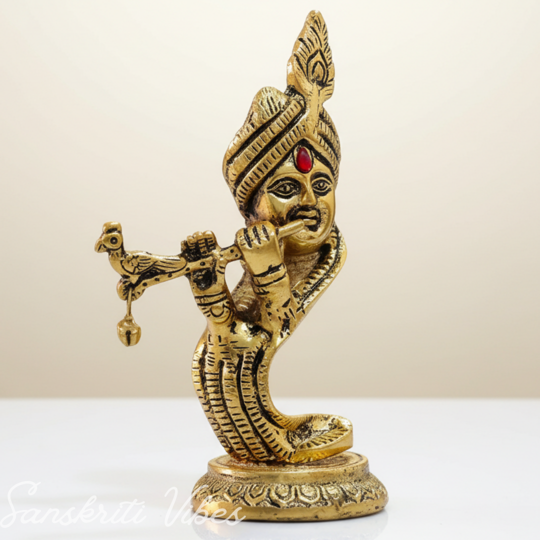 Pagdi Krishna Playing Flute Idol | Gold-Toned Metal Decorative Showpiece Hindu Religious Figurine - Retail Maharaj