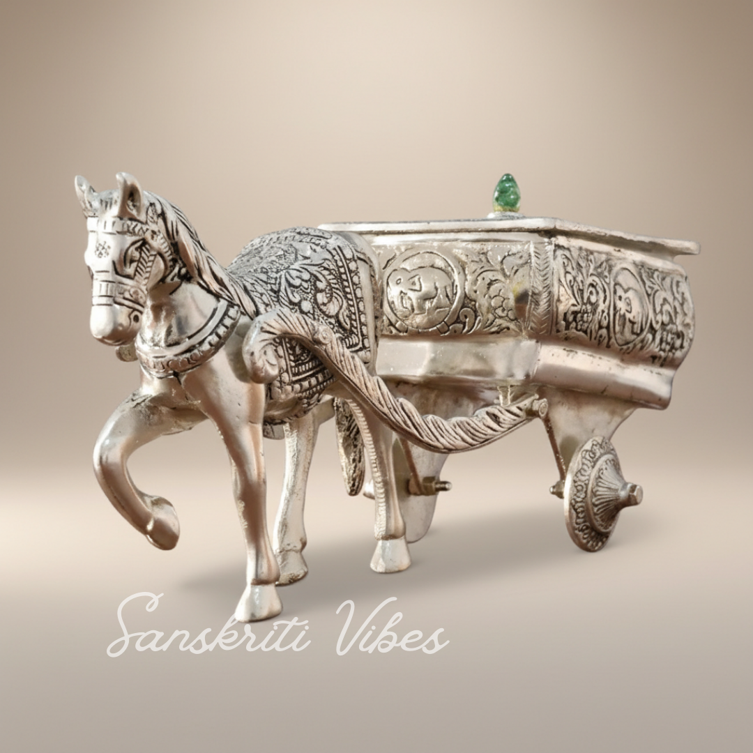 Horse Cart Metal Statue Aluminum Plated Silver Finish Showpiece Murti for Home, Office Table and Car Dashboard Décor - Retail Maharaj