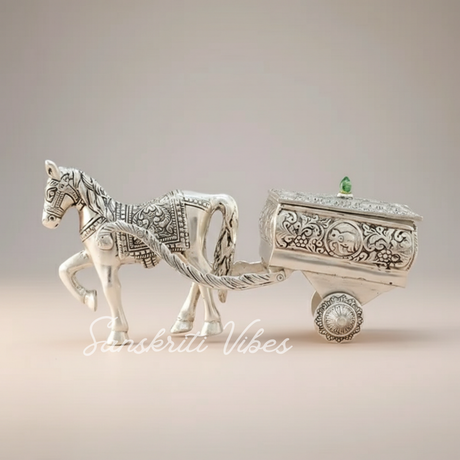 Horse Cart Metal Statue Aluminum Plated Silver Finish Showpiece Murti for Home, Office Table and Car Dashboard Décor - Retail Maharaj