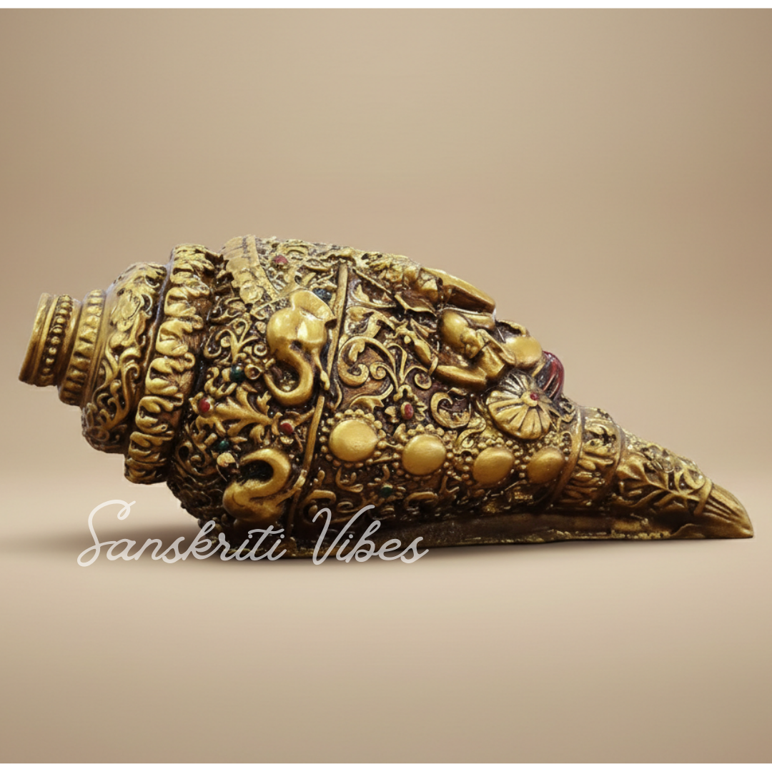 Sanskriti Vibes Decorative Lord Ganesha Shank – Gold-Toned Conch Shell (22 cm x 11 cm) Polyresin - Retail Maharaj