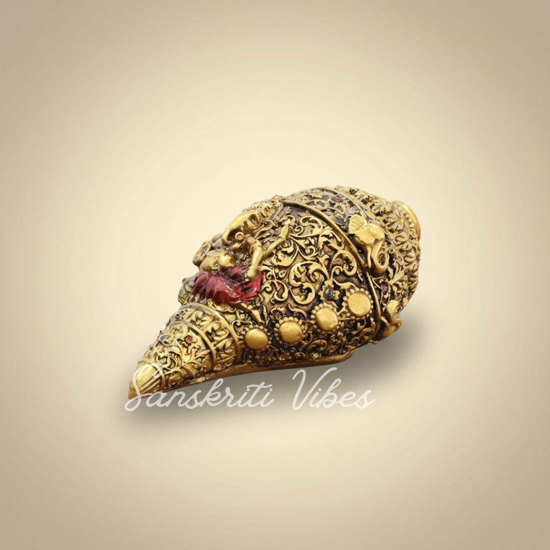 Sanskriti Vibes Decorative Lord Ganesha Shank – Gold-Toned Conch Shell (22 cm x 11 cm) Polyresin - Retail Maharaj