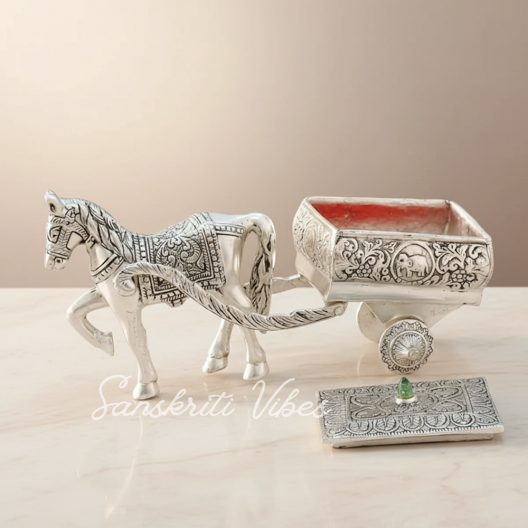 Horse Cart Metal Statue Aluminum Plated Silver Finish Showpiece Murti for Home, Office Table and Car Dashboard Décor - Retail Maharaj
