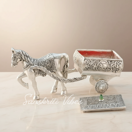 Horse Cart Metal Statue Aluminum Plated Silver Finish Showpiece Murti for Home, Office Table and Car Dashboard Décor - Retail Maharaj