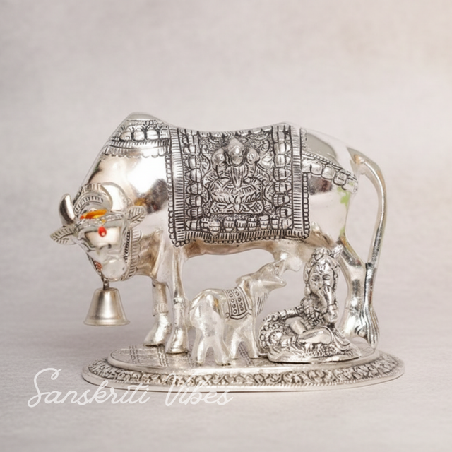 Metal Religious Kamdhenu Cow with Calf and Krishna Idol – Silver Finish Decorative Showpiece by Sanskriti Vibes | Hindu Pooja and Home Temple Decoration - Retail Maharaj