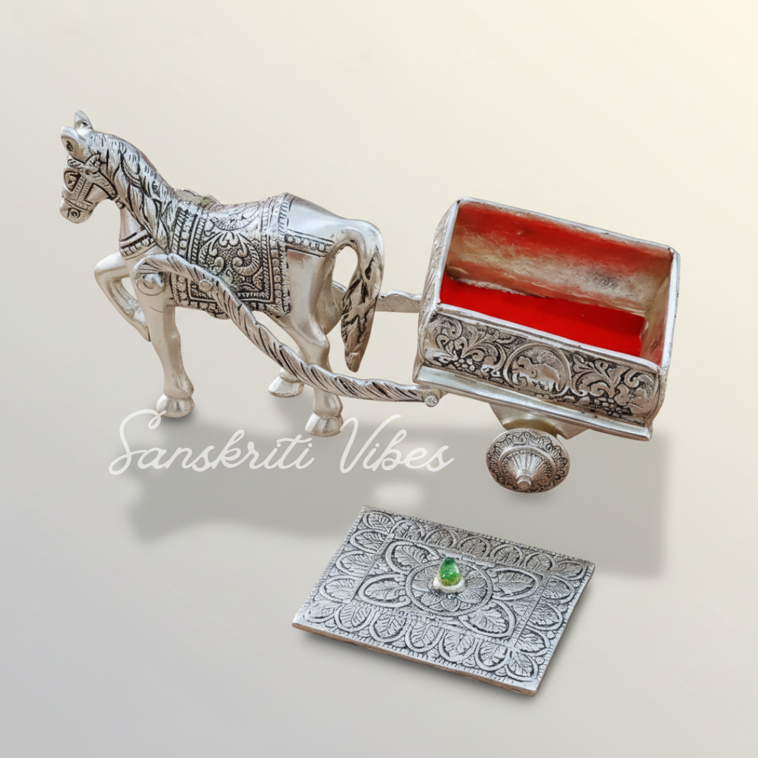 Horse Cart Metal Statue Aluminum Plated Silver Finish Showpiece Murti for Home, Office Table and Car Dashboard Décor - Retail Maharaj