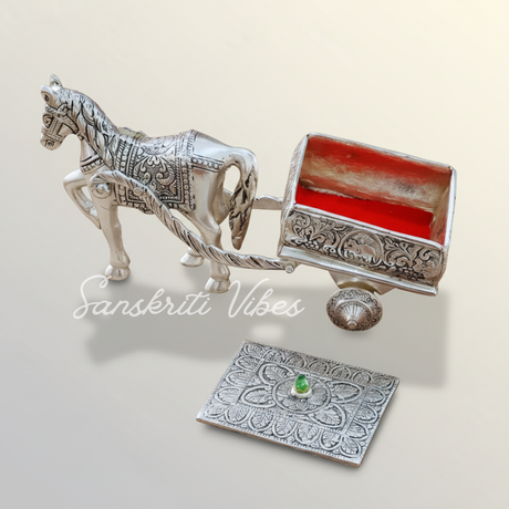 Horse Cart Metal Statue Aluminum Plated Silver Finish Showpiece Murti for Home, Office Table and Car Dashboard Décor - Retail Maharaj