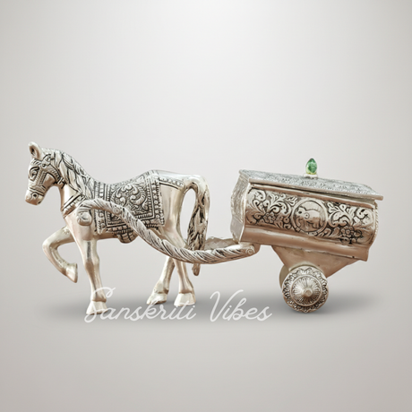 Horse Cart Metal Statue Aluminum Plated Silver Finish Showpiece Murti for Home, Office Table and Car Dashboard Décor - Retail Maharaj