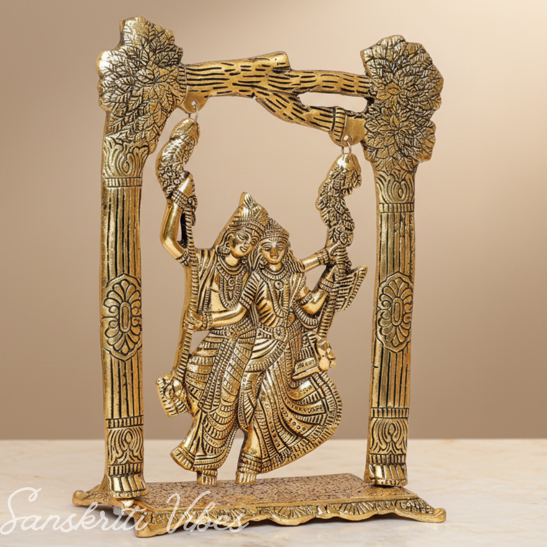 Gold-Plated Radha Krishna Idol on Swing Jhula | Metal Decorative Showpiece & Religious Figurine for Home Temple - Retail Maharaj